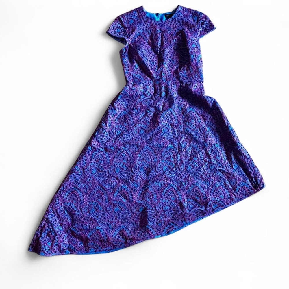 Banana Republic Purple/Blue lace paisley midi summer dress, cap sleeves Sz 00Pet